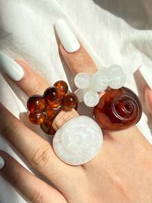 Vintage Tie Dye Resin Seashell Shaped Ring For Women, Personalized 3D Cloud & Bead Exaggerated Finger Ring, Niche Design, Daily & Vacation Jewelry - Multicolor - View 3