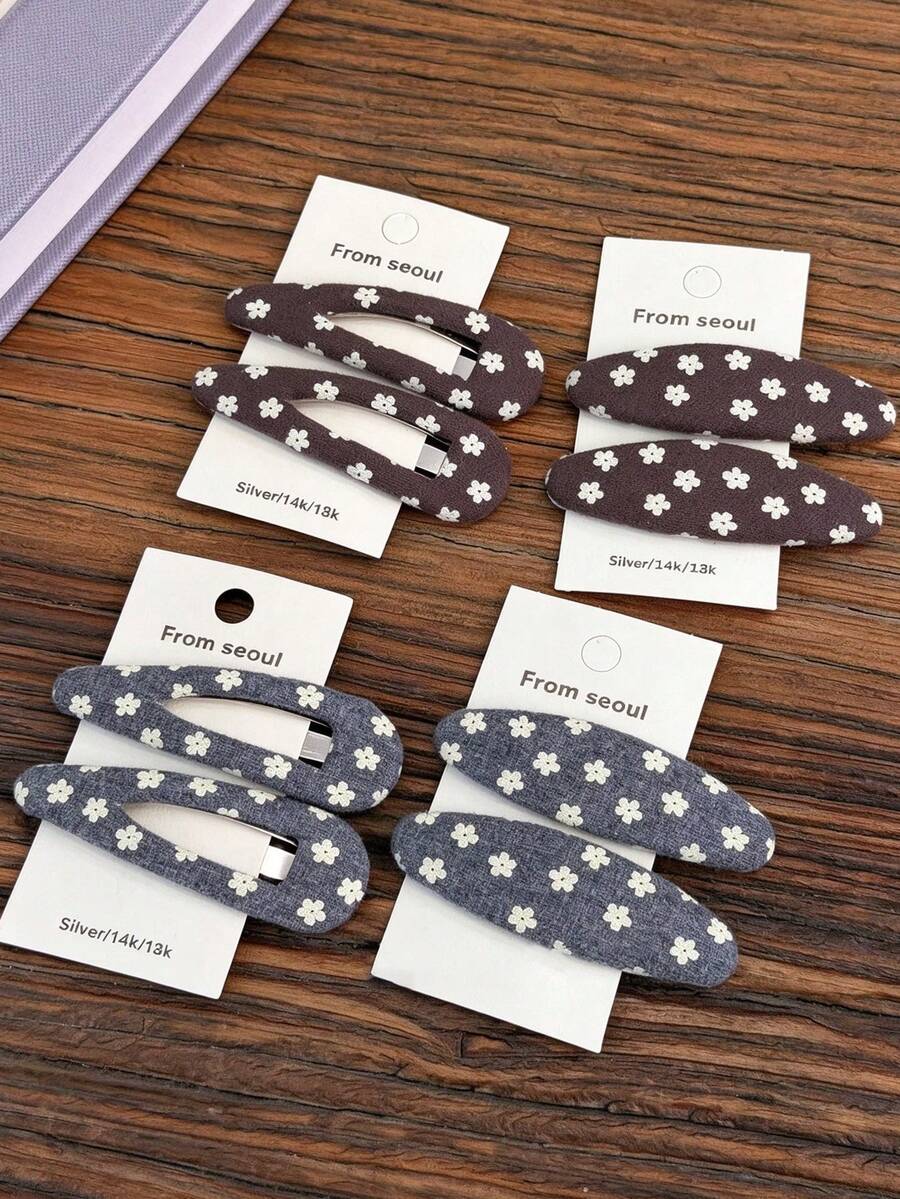 2pcs Women's Floral Print Fabric Hair Clips, Vintage Small Flower ...