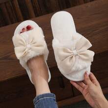 Spring And Autumn Ladies Open Home Comfort Slippers Bow Winter Home Velvet Slippers Indoor Floor Slippers,Furry Shoes,Christmas,Fluffy Slippers - White - View 8