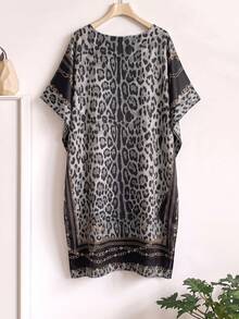 1件裝仿絲綢優雅復古豹紋印花套頭披肩 女款輕量時尚百搭防曬外穿沙灘緞面寬鬆套頭披肩 適合日常裝飾與搭配 - 黑色 - 查看 1
