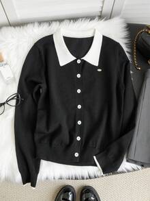 Preppy Black And White Colorblock Knit Cardigan, White Collar Button-Front Slim Fit Long Sleeve Cropped Sweater Jacket - Black - View 7