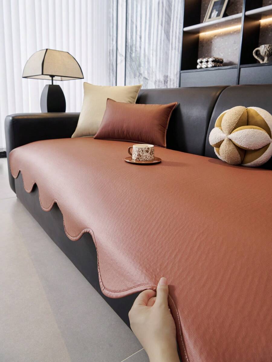 1PC Four Seasons Universal Pet-Proof Faux Leather Sofa Cushion, Scalloped Wave Edge Design, Dotted Non-Slip Backing, Wipeable And Machine Washable, Modern Minimalist Living Room Sofa Protector, Multi Colors Available
