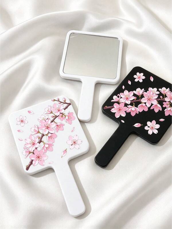 Espejo de mano con diseño de flor de cerezo, espejo de maquillaje con mango cuadrado y patrón de sakura rosa en la parte posterior, espejo portátil de mano para mujeres y niñas, regalo de Navidad, herramientas de maquillaje y accesorios de tocador, artículos esenciales para la escuela y viajes