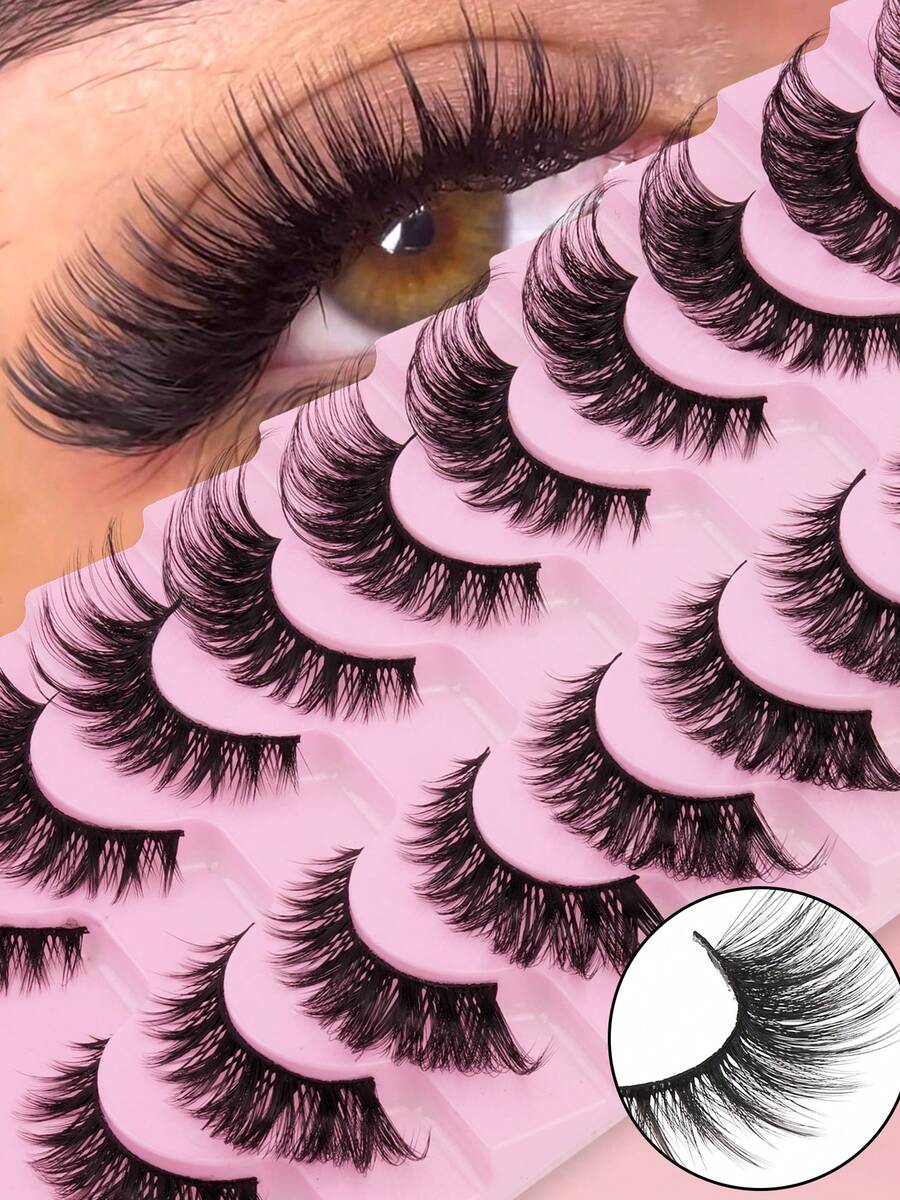 10 Pairs False Eyelashes, Large Capacity Lash Box, Thick & Curly False Eyelashes, D-Curl, Soft & Fluffy, Reusable, Suitable For Beginners, Ideal For Cosplay, Daily Dates, Parties And Outings - Black - View 1