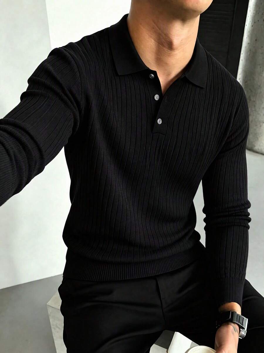 Men's Black Ribbed Knit Polo Shirt, Turn-Down Collar, Button Placket, Slim Fit, Long Sleeve, Casual Commute Pullover Top, Autumn/Winter