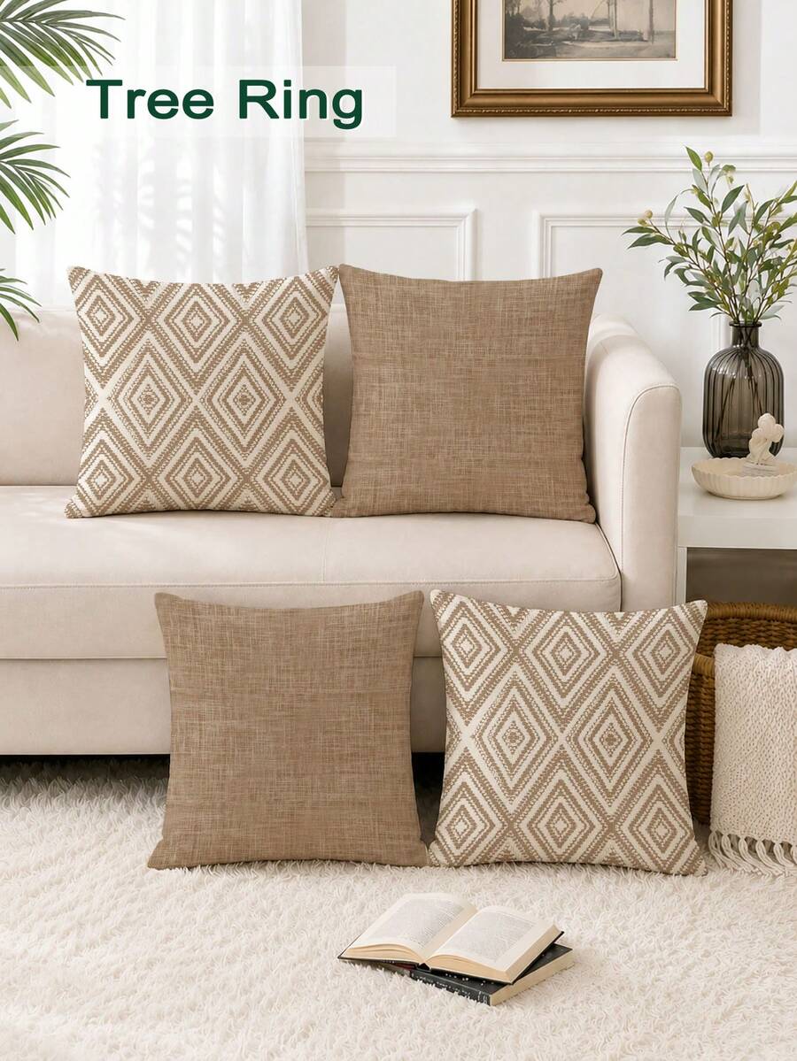 4 pièces Housses de coussin décoratifs, motif géométrique, 100% fibre de polyester hypoallergénique, matériau de lin vintage, fermeture éclair cachée, lavable en machine, design de ligne moderne minimaliste, fermeture éclair, housses de coussin de décoration pour canapé, salon, chambre à coucher, sans insert de coussin - beige - Voir 1
