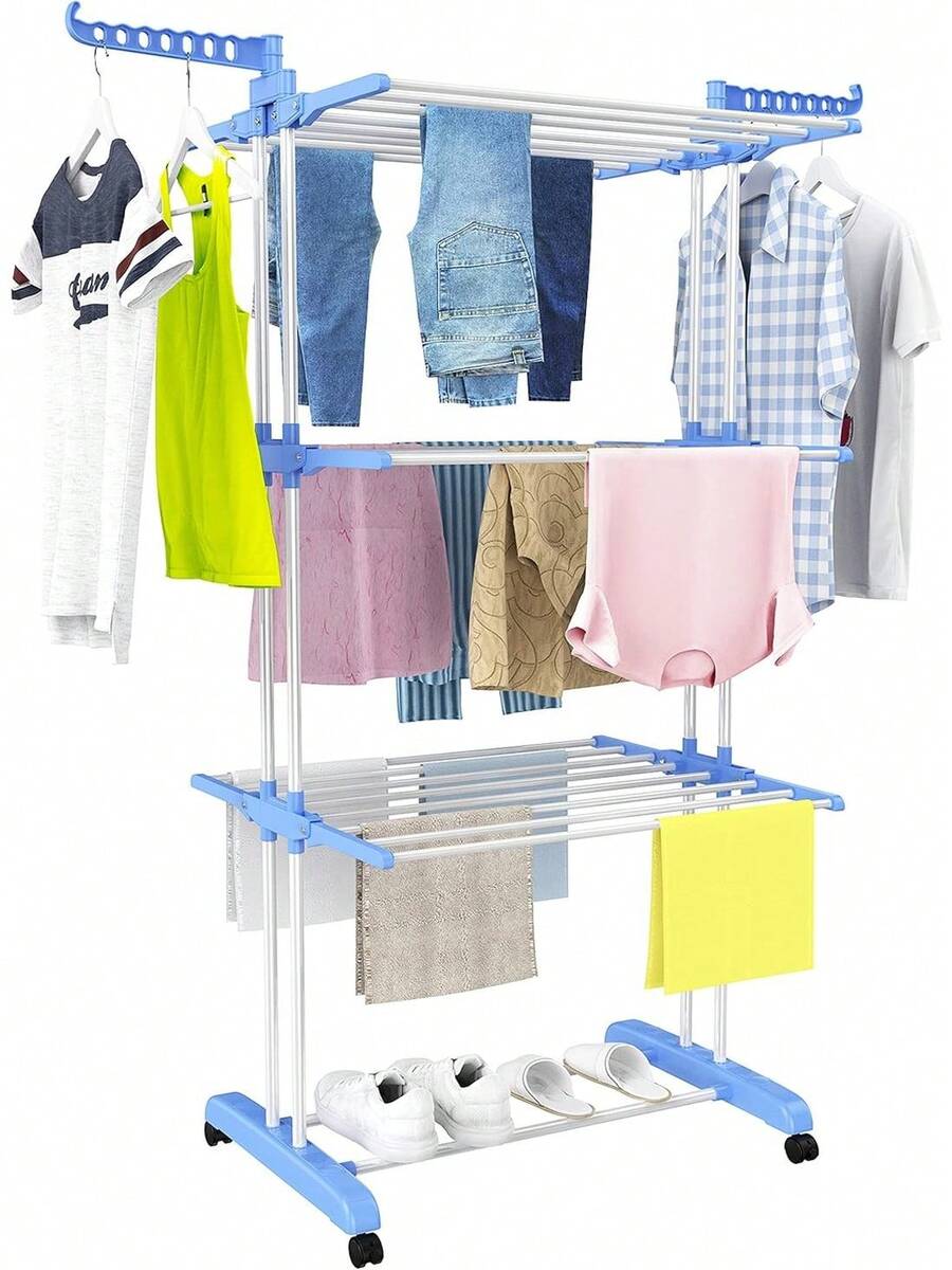 Stendibiancheria HMS, stendibiancheria mobile a 4 livelli, con ruote, pieghevole, dimensioni 63,5 x 125,5 x 173, capacità, adatto per uso interno ed esterno, colore bianco nuvola e grigio colomba.