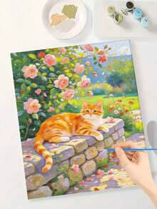 Paint By Numbers Kit Orange Cat In Rose Garden, DIY Hand-Painted Acrylic Painting, Home Wall Decor - A - View 2