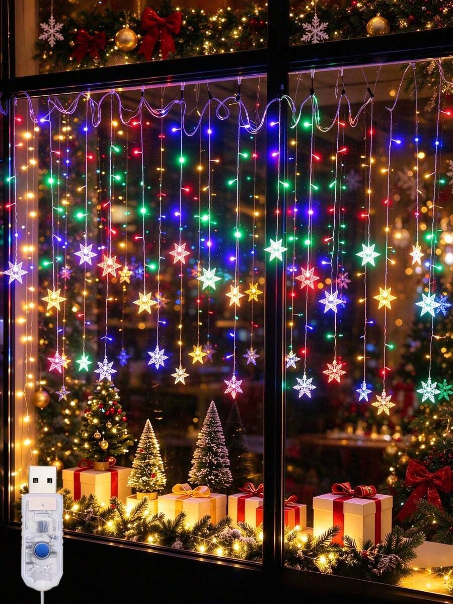 1pc Snowflake Icicle String Lights, Hanging Snowflake Curtain Decor, USB String Lights And Outdoor Lights For Christmas, Winter Holidays, Eaves, Porch, Garden, Patio, Balcony, Window, Fence, Wedding, Party And Home Decoration