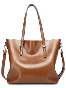 Women's Large Capacity Tote Shoulder Bag, Simple Solid Color Work Handbag With Detachable Crossbody Strap, Vintage Casual Daily Bag - Multi-color - View 3