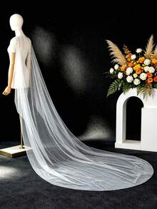 1 Pc Cathedral Style Bridal Cape With Faux Pearl Shoulder Applique, Long Train Tulle Cloak With Pins, Accessory For Wedding, Photoshoot & Party Gown - White - View 6