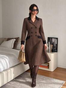 Autumn New Plus Size Women's Houndstooth Pattern Lapel Double-Breasted Long Sleeve Mid-Length A-Line Blazer Dress Elegant Winter Office - Multicolor - View 5