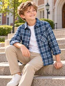 Young Boy Classic Street Casual Blue Plaid Long Sleeve Shirt - Blue - View 6