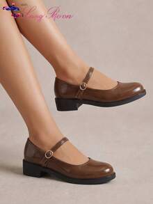 LangMoon Ashlee LangMoon 2026 Brown Glossy Oil Wax Single Strap Round Toe Mary Jane Chunky Heel Pumps, Shock-Absorbing Insole, Vintage Apartment Campus Collegiate Y2K Style, All-Season Commute Home Date Elegant - Brown - View 4