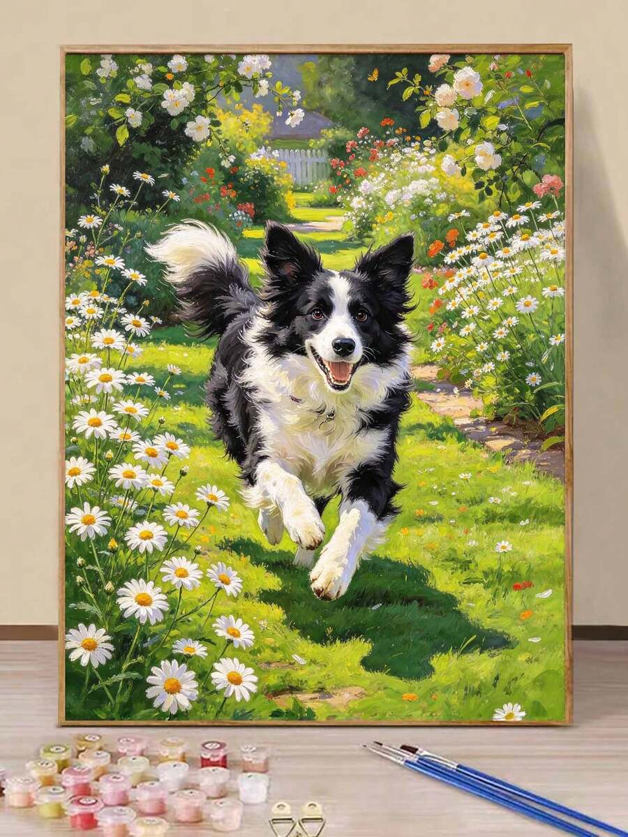 مجموعة الرسم بالأرقام كلب بوردر كولي يركض في حديقة الزهور، لوحة أكريليك مرسومة يدويًا DIY، ديكور جداري للمنزل - A - مشاهدة 1
