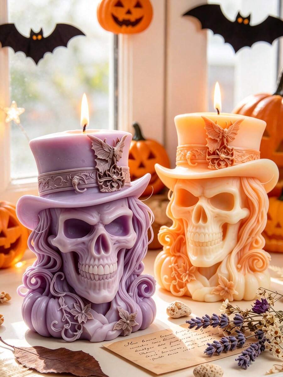 1pc Gentleman Skull & Pumpkin Hat Candle Mold, Soft Silicone Material, Suitable For Soy Candles, Clay Crafts, Halloween Party And Home Decor Multi-Purpose Mold - A - View 1