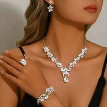Women's 3 Pieces Bridal Wedding Necklace & Earrings Set & Wedding Party Elegant Jewelry Combination - Silver - View 5