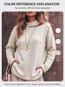 Curve Plus Size Solid Color Hollow Out High Neck Knit Top, Long Sleeve Asymmetric One Shoulder Pullover Sweater, Autumn Daily Commute Outfit - Khaki - View 3