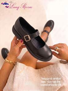 LangMoon Ashlee LangMoon 2026 Black Glossy Oil Wax Single Strap Round Toe Mary Jane Chunky Heel Pumps, Shock-Absorbing Insole, Vintage Apartment Campus Collegiate Y2K Style, All-Season Commute Home Date Elegant - Black - View 4