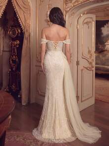 Cold Shoulder Long Sequin Beaded Fitted Mermaid Hem Tulle Dress, Detachable Train, Flattering Curves, Suitable For Photos, Beach Vacation And Resort - Apricot - View 2