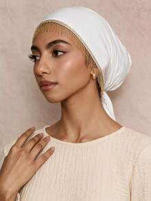 1PC Women's Fashion Tassel Solid Color Elastic Tie Headscarf Bandana Scarf Small Hat Headwrap Suitable For Daily Wear - C-white - View 4