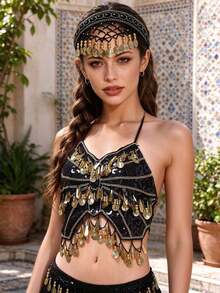 Boho Halter Neck Sequined Bra Top Coin Tassel Fringe, Coin Fringe Lace Headband Headchain, Handmade Kizomba Stage Performance Wear, Multi-Color Available - Multicolor - View 20