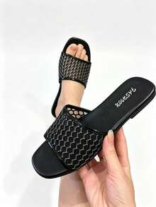 Vintage Mesh See-Through Flat Slides Square Toe One-Strap Sandals Summer Outdoor Slimming Slouchy Women's Slippers - Black - View 2