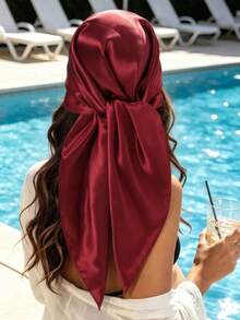 1Pc Women's Solid Burgundy Bandana Scarf, Spring/Summer/Autumn/Winter Hair Accessory Wrap For Vacation, Beach Party, Street Fashion - Burgundy - View 4