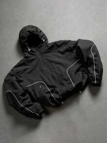 Men's Lightweight Hooded Jacket, Black Crinkled Fabric With Contrast White Line Accents, Adjustable Drawstring Hood, Zipper Front, Elastic Cuffs, Casual Loose Fit, Versatile For Daily Commute - Black - View 1
