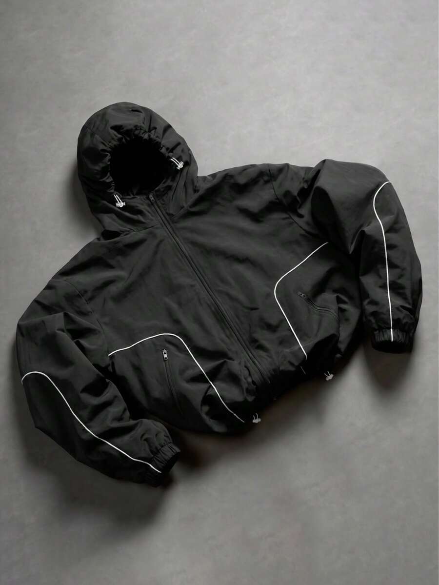 Men's Lightweight Hooded Jacket, Black Crinkled Fabric With Contrast White Line Accents, Adjustable Drawstring Hood, Zipper Front, Elastic Cuffs, Casual Loose Fit, Versatile For Daily Commute - Black - View 1