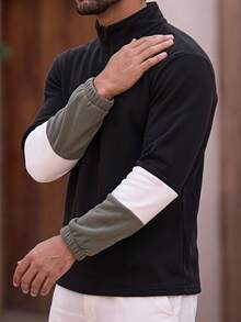 Men's Zipper Half-Placket Striped Colorblock Long Sleeve Sweatshirt - Black - View 7