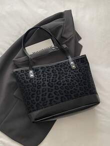 Women's Leopard Print Faux Suede Tote Bag, Large Capacity Shoulder & Handbag, Vintage Daily Commute Bag, Suitable For Work, Shopping And Travel. - Black - View 4