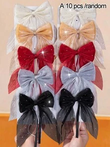 10/5/1pc Girls Mesh Rhinestone Bow Hair Clip With Pearl Chain And Ribbon, Fairy Style Princess Hair Accessory For Back Of Head, Daily Wear, Autumn/Winter, Coffee/Black - Multicolor - View 11
