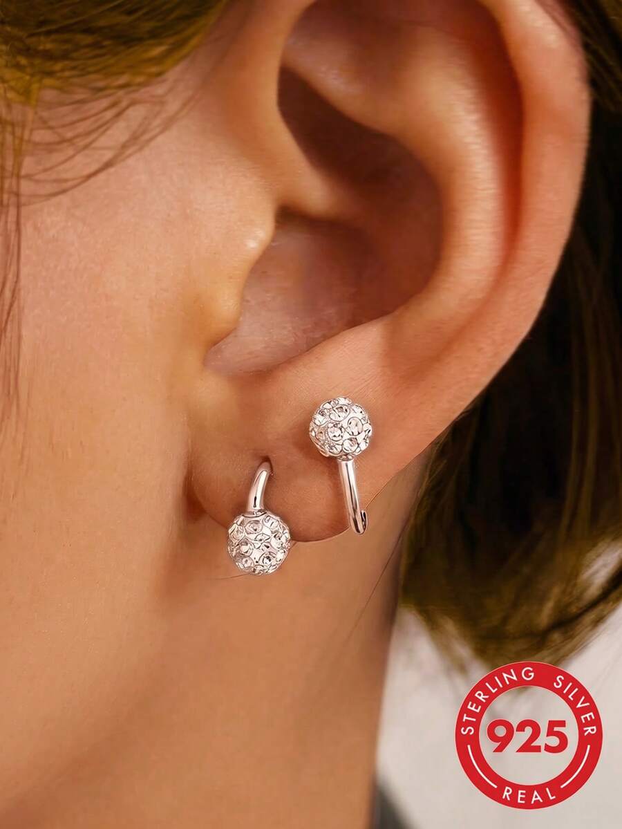 ELSEDES 1pc Fashionable & Luxurious S295 Silver Geometric Shaped Earring With Brightly Glittering Inlaid Jewel Perfect For Women's Daily Outfit And Party Dressing - Silver - View 1