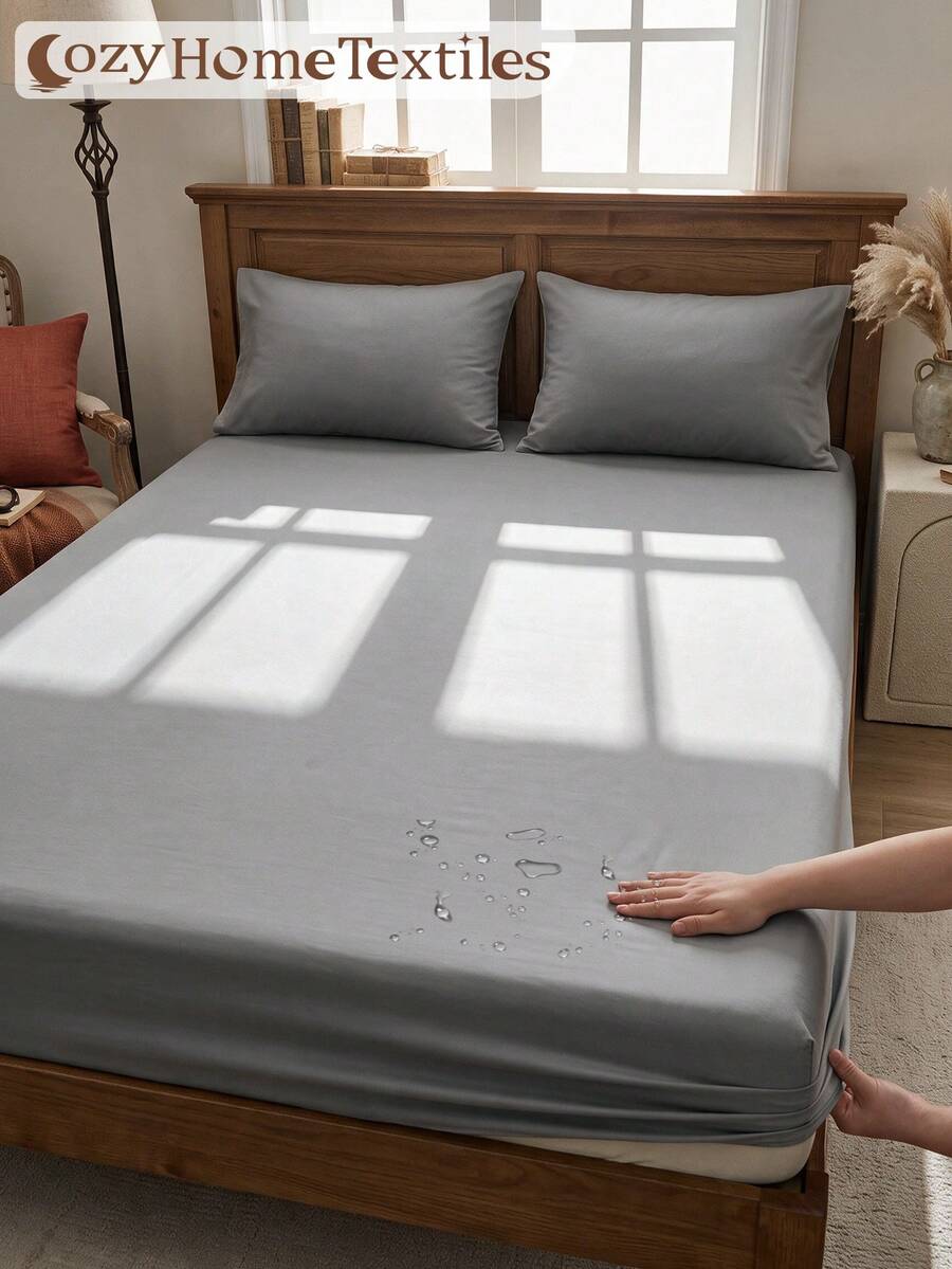 1pc Dark Gray Waterproof Printed Fitted Sheet, Mattress Cover, Autumn Bedding, Mattress Protector, Soft Comfortable Warm Breathable, Machine Washable, Single/Double/Queen/King, All Season, Pillow And Pillowcase Not Included, Dorm Bedroom Decor