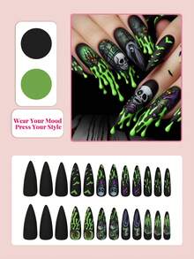 24pcs Long Almond Gradient Nail Stickers, Skull & Vampire Design, Suitable For Daily Wear, Halloween Nail Decor, Nail Art Supplies - Multicolor - View 2