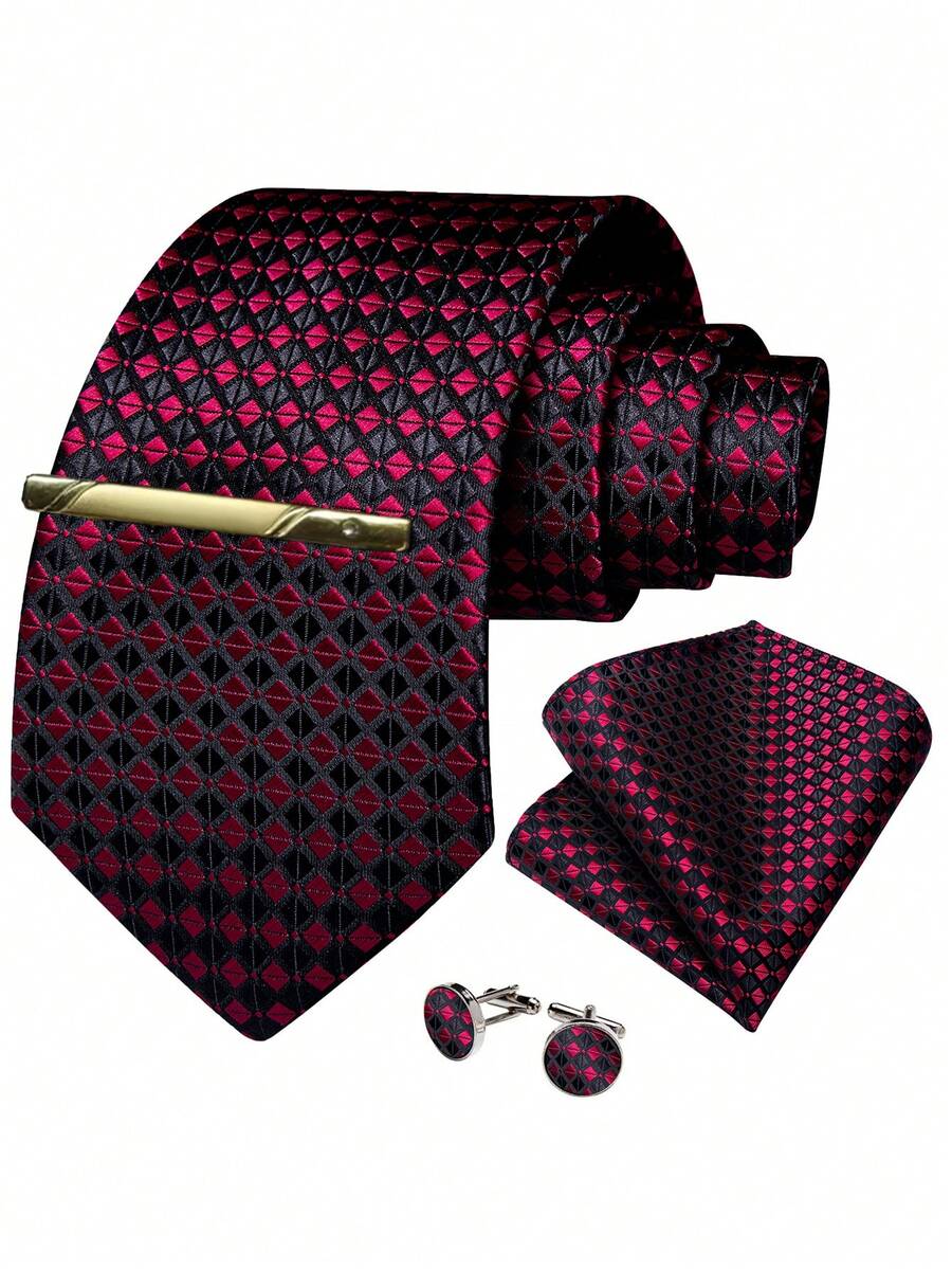 Black & Red Argyle Pattern Men's Tie, Pocket Square, Cufflinks, Gold Tie Clip 4-Piece Set, Formal Suit Accessories For Annual Meeting & Party - Multicolor - View 1