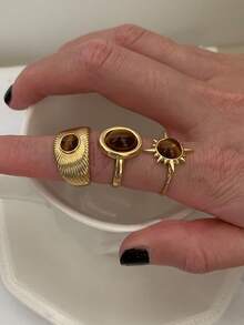 3pcs Old Money Style Tiger Eye Stone Rings Set, Suitable For Women's Daily Commute Wear - Yellow Gold - View 6