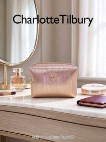 Charlotte Tilbury Gradient Shiny Gold Travel Makeup Bag, Elegant Metallic Texture Cosmetic Organizer With Star Zipper Pull, Large Capacity Interior, Lightweight And Portable, Suitable For Commuting, Business Trips And Weekend Getaways - Pink - View 2
