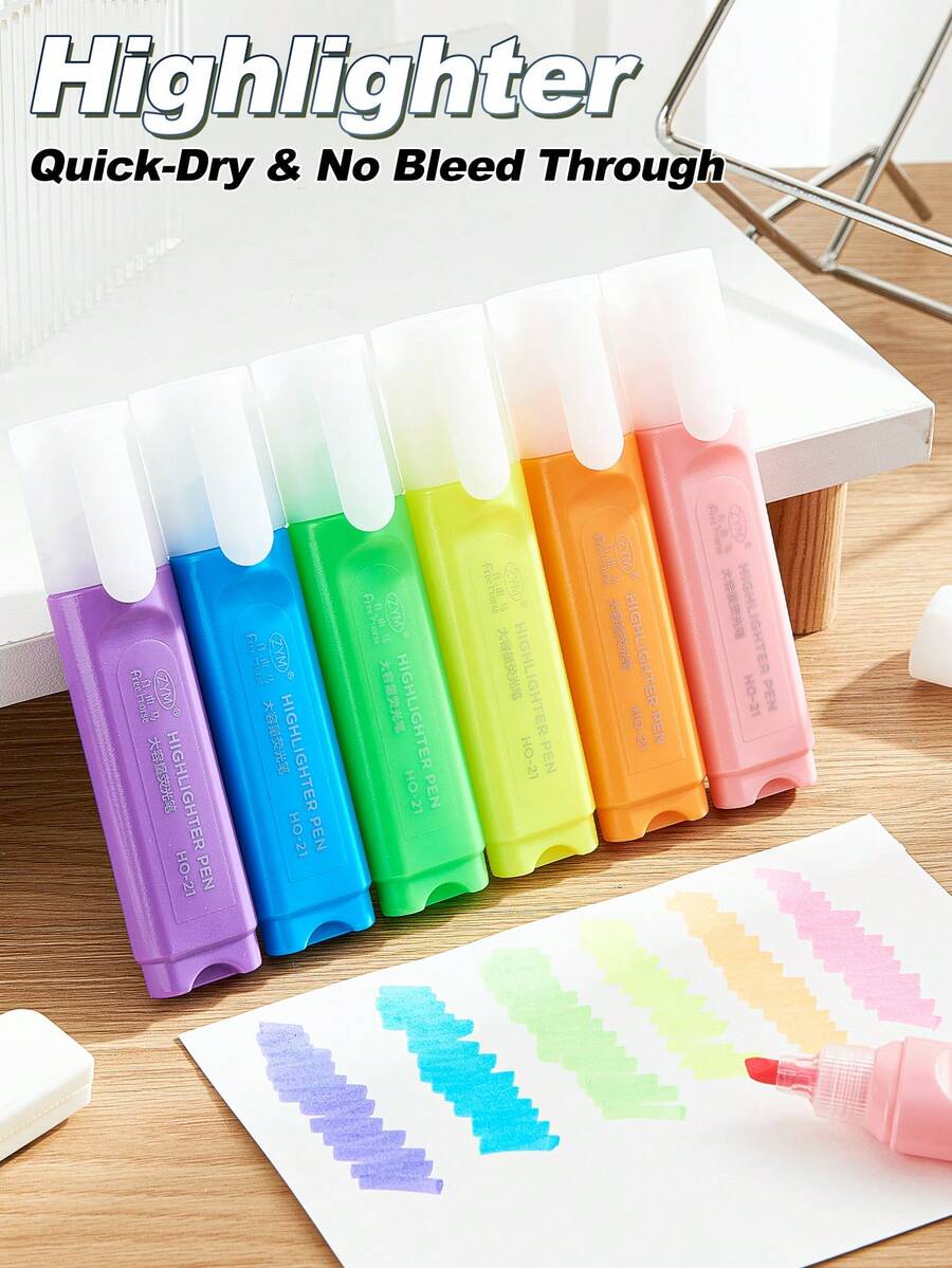 12/6PCS Bright Translucent Fluorescent Highlighter Pens Set Smooth Quick Dry No-Bleed Ink For School Students Notes Study Journaling Marking Books - Multicolor - View 1