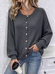 Plus Size Women's Round Neck Button-Down Knit Cardigan, Loose Fit Long Sleeve, Autumn/Winter 2026 Essential Casual Everyday Wear - Dark Grey - View 2