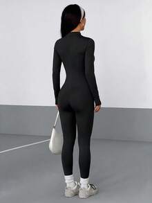 AiTyi Women's High Neck Front Cutout Long Sleeve Slim Fit Jumpsuit, Back Zipper, Autumn Hot Girl Style Daily Wear Slim Fit Jumpsuit - Black - View 4