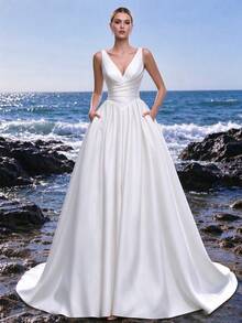 V-Neck, Lace-Up, Satin, Train, A-Line Dress, Church Wedding, Manor Wedding, Wedding Party, Bridal Gown, Wedding Dress - White - View 1
