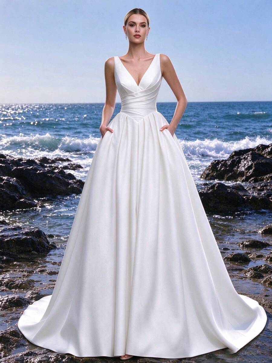 V-Neck, Lace-Up, Satin, Train, A-Line Dress, Church Wedding, Manor Wedding, Wedding Party, Bridal Gown, Wedding Dress - White - View 1