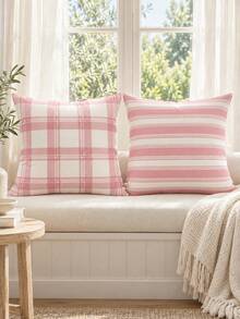 shangxia 4PCS-- Ins Fresh Pink Plaid Pattern Printed Pillow Covers, Cream Style Striped Diamond Cushion Covers, Living Room Bedroom Soft Decor Pillow Covers--(Pillow Insert Not Included)---(Multiple Sizes)---(No Embroidery)---(Single-Sided Print) - Multicolor - View 11