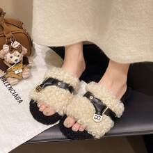 Autumn/Winter Atmosphere Fluffy Slippers, Luxurious Rhinestone Faux Fur Home Slippers, Party Wear Fashion Sandals - Beige - View 4