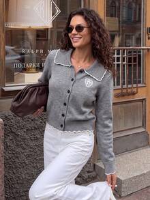 Lazy Soft Women's Contrast Color Lapel Knit Sweater Autumn/Winter Short Cardigan Design Top With Floral Buttons, Bow And Bow Decoration - Grey - View 5