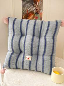 1pc Cute Pom Pom Decor Faux Wool Quilted Backrest Chair Pad, Striped Pattern Soft Thick Plush Seat Cushion, Suitable For Dining Chairs, Office Chairs, Home Decor - Light Blue Stripes - View 9