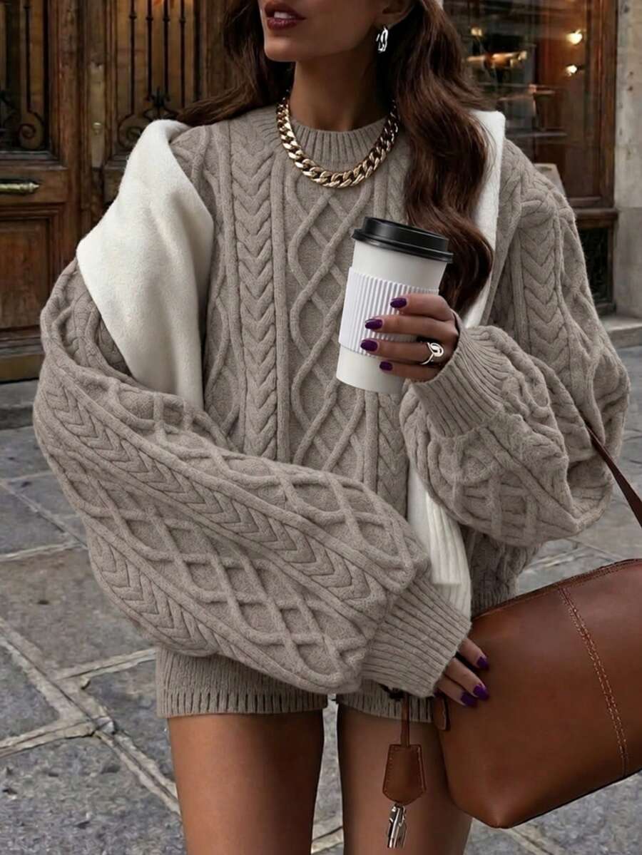 FOR BEAUTY Women's Autumn/Winter Chunky Cable Knit Loose Round Neck Thick Coffee Color Long Sleeve Pullover Sweater Y2K Casual Street Style