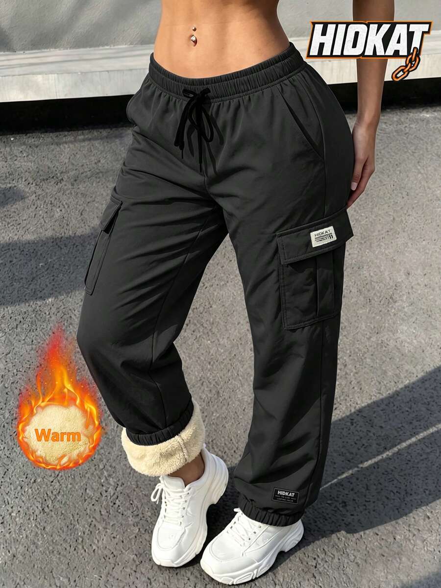 Hidkat Autumn/Winter Solid Color Thickened Cuffed Casual Pants, Cargo Long Pants With Pockets, Drawstring Waist, For Daily Commute, Streetwear And Home